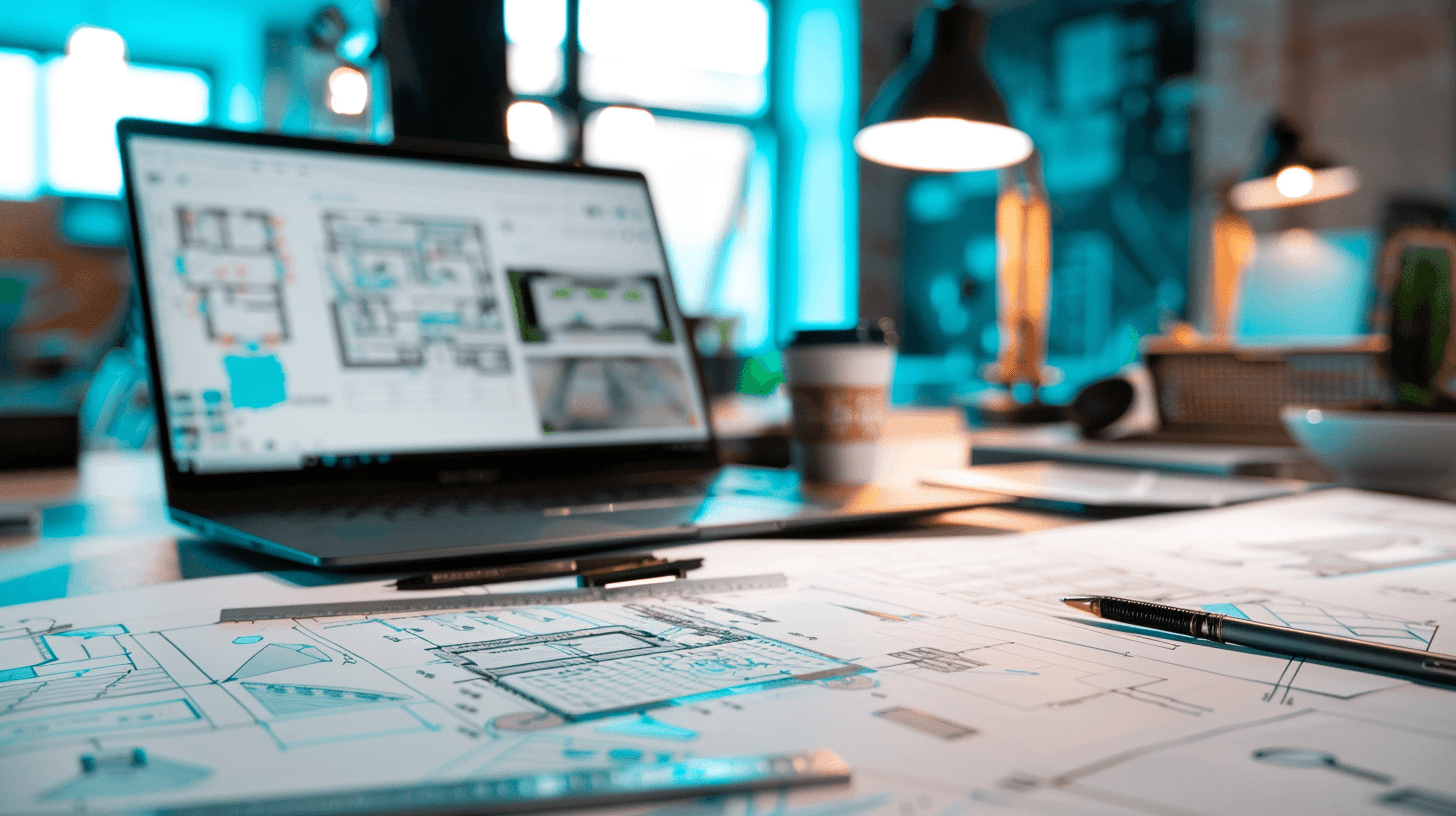 AV designer desk with technical room drawings