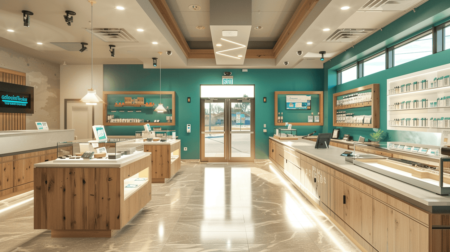 Modern cannabis dispensary with visible security cameras